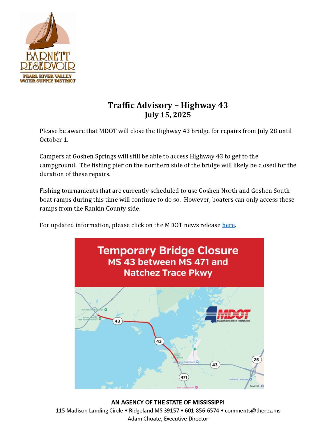 Traffic Advisory for Highway 43 
