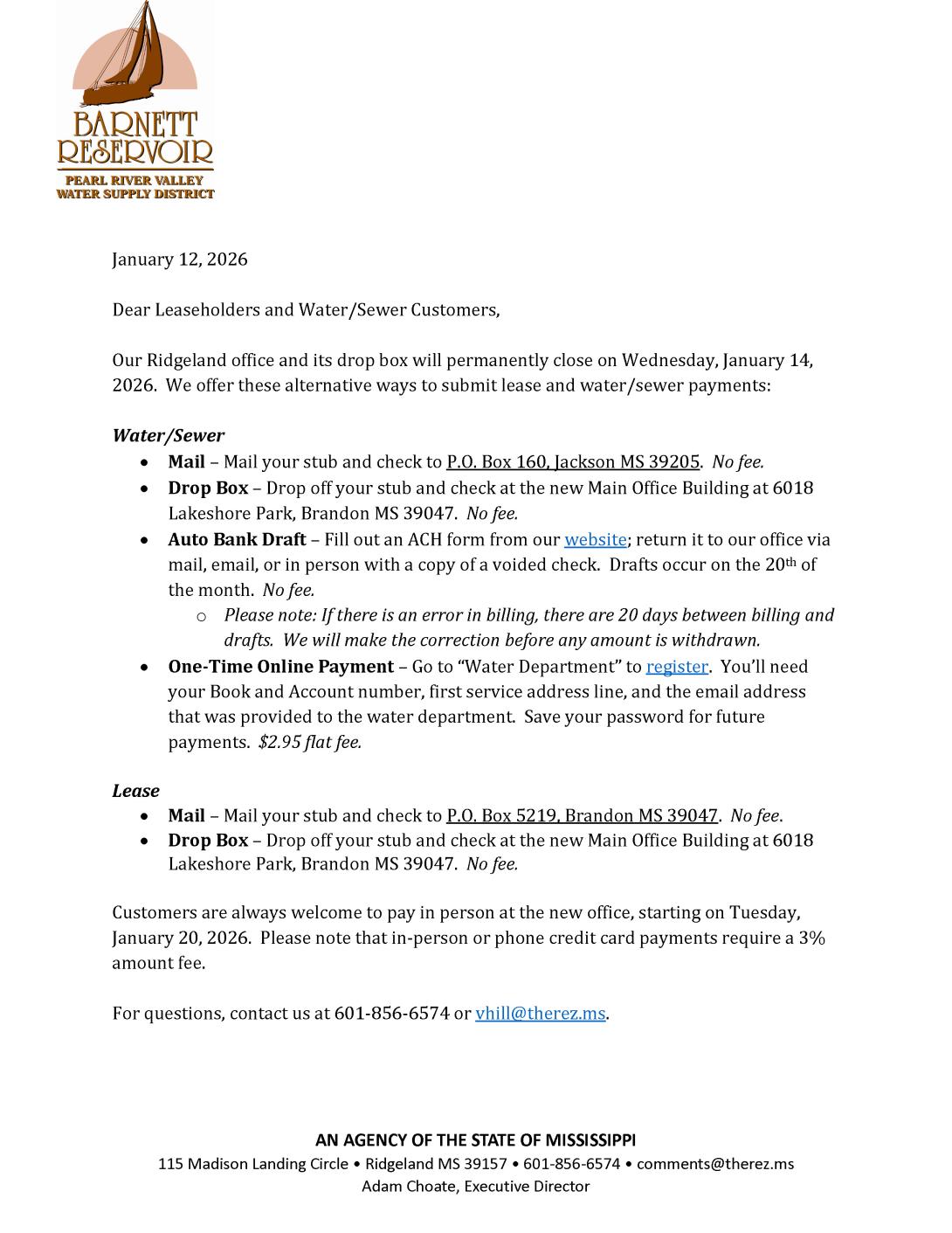 New Water, Sewer and Lease Payment Information