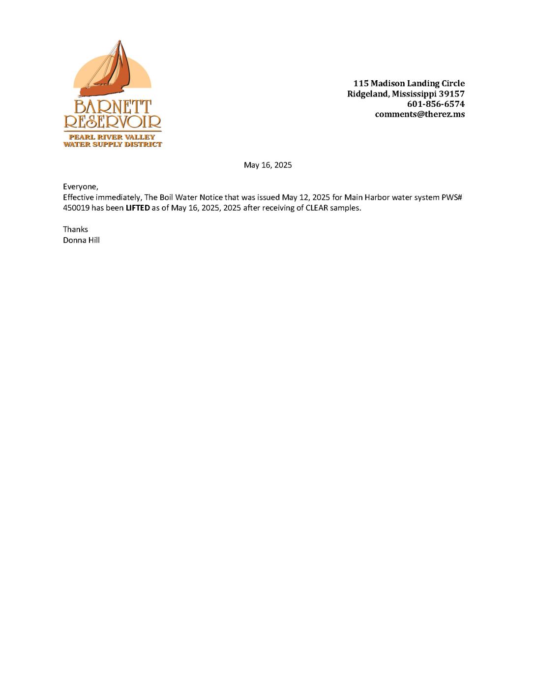 Boil water notice has been LIFTED for subdivisions on the Main Harbor water system #450019