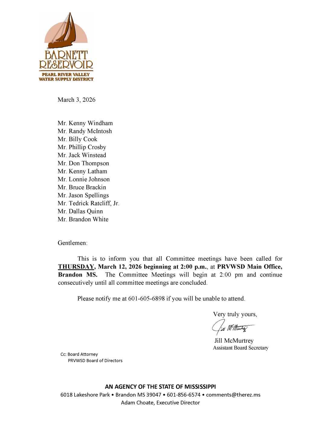 Call Letter for PRVWSD Committee Meetings Thursday March 12, 2026