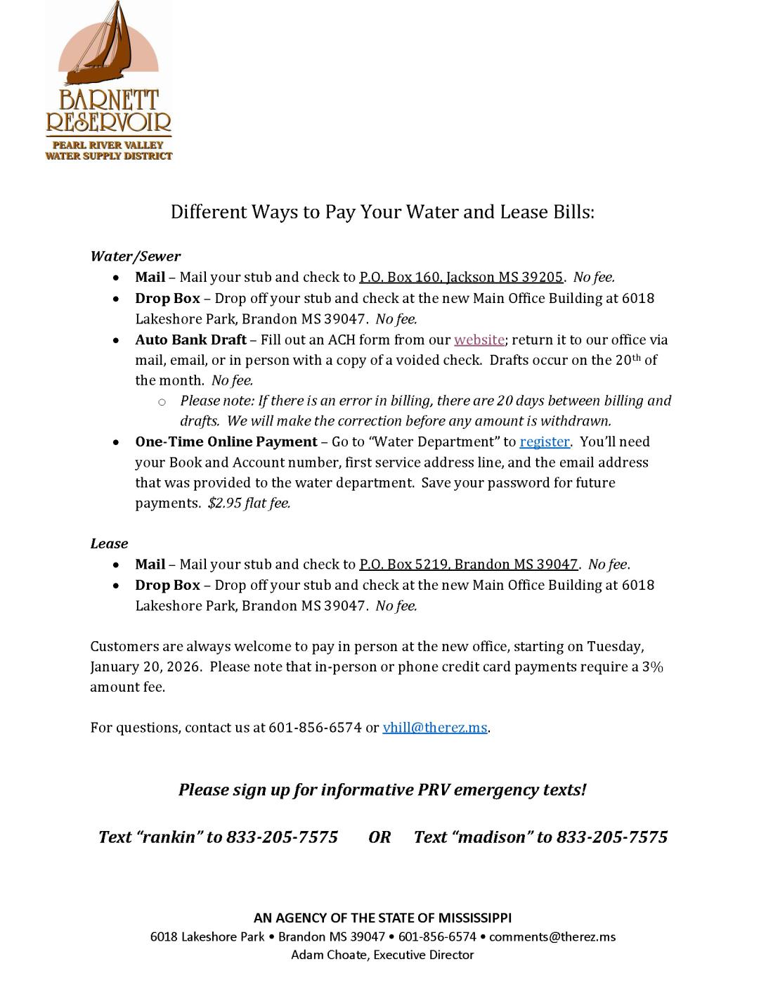 New Water, Sewer and Lease Payment Information